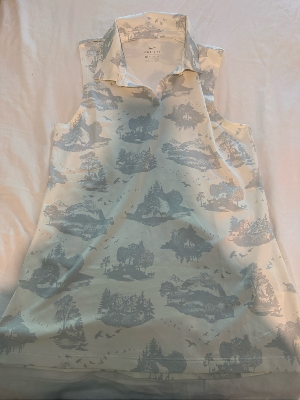 Nike Sleeveless Polo in White and Light Blue Scenic Print
